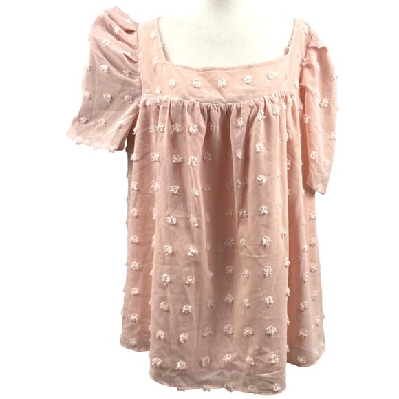 Francesca's Blouse Size 2 XL Chiffon Swiss Dot Puff Sleeve Top Light Pink Square - Picture 3 of 3